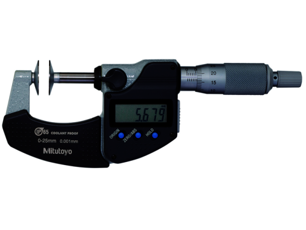 323-250-30 - mikrometr třmenový digitální s talířkovými měřícími doteky na měření ozubení, rozsah 0-25mm