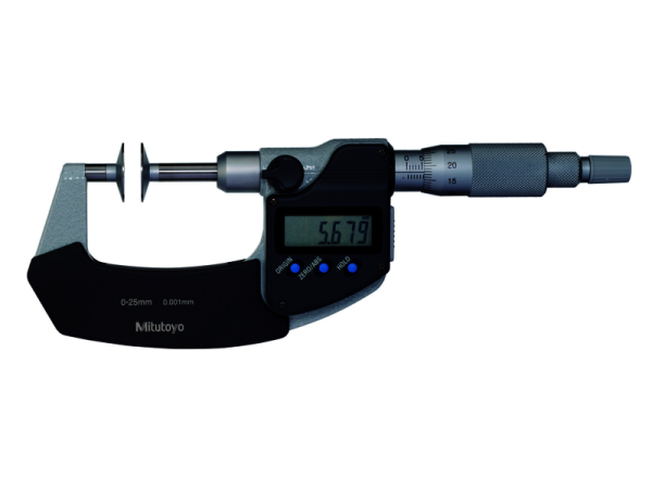 369-250-30 - mikrometr třmenový digitální s talířkovými měřícími  neotáčivými doteky na měření ozubení, rozsah 0-25mm